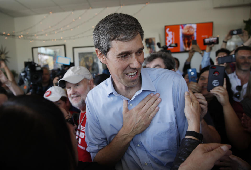 Democratic presidential candidate and former Texas congressman Beto O'Rourke meets with supporters at a campaign stop at a coffee shop Sunday, March 24, 2019, in Las Vegas. (AP Photo/John Locher)