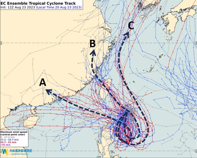 吳聖宇說，颱風有ABC三條可能路徑，會偏向哪個還不知道。(翻攝自吳聖宇FB)
