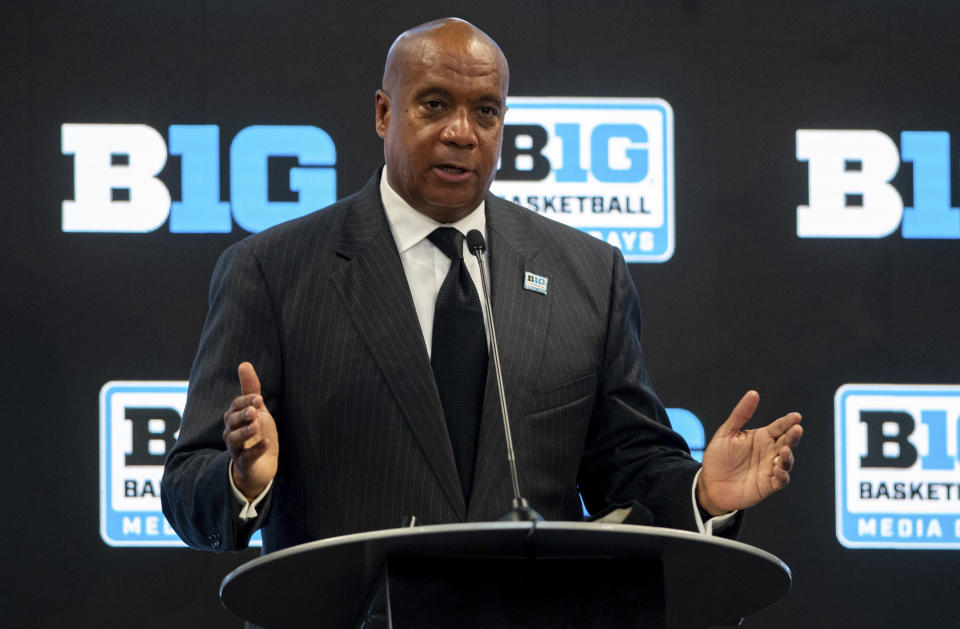 Kevin Warren, Big Ten Commissioner, welcomes members of the media during the first day of the Big Ten NCAA college basketball media days, Thursday, Oct. 7, 2021, in Indianapolis. (AP Photo/Doug McSchooler)