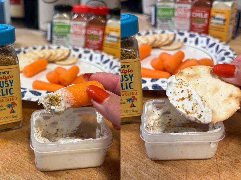 Trader Joe's Cuban Style Citrusy Garlic Seasoning Blend on a carrot and a cracker. 