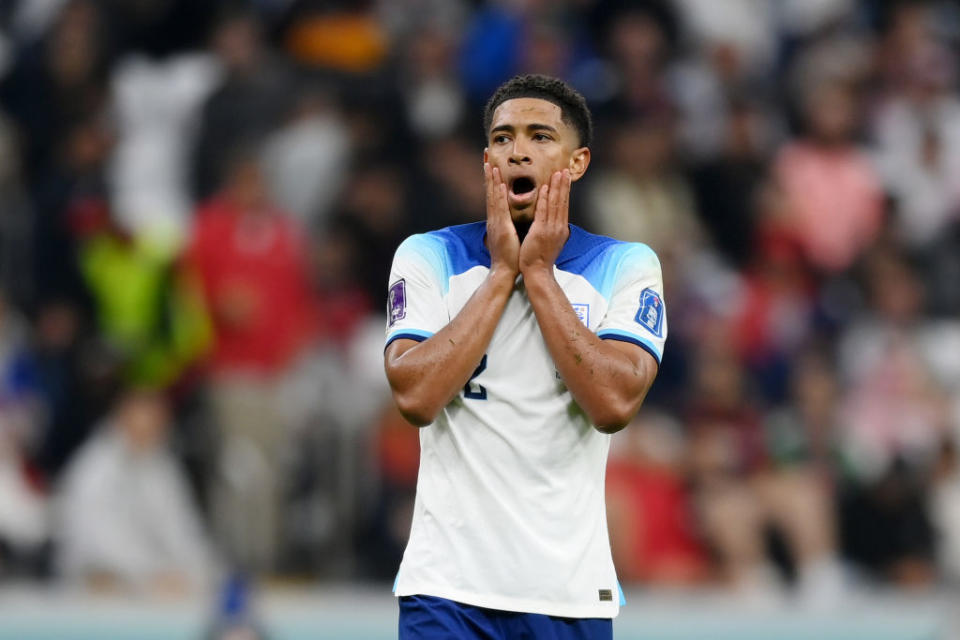 AL KHOR, QATAR - DECEMBER 10: Jude Bellingham of England reacts after a missed chance during the FIFA World Cup Qatar 2022 quarter final match between England and France at Al Bayt Stadium on December 10, 2022 in Al Khor, Qatar. (Photo by Shaun Botterill - FIFA/FIFA via Getty Images)