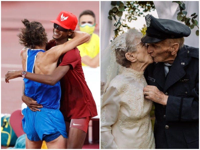 Left: Two athletes hug as they agree to share a gold medal. Right: An older couples kisses in a wedding photo.