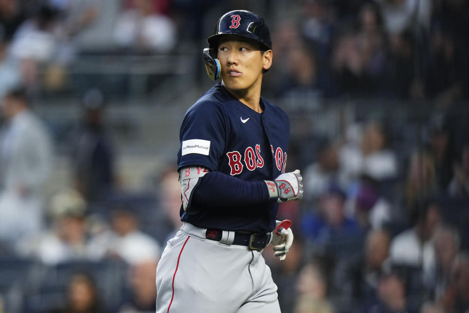 Boston Red Sox's Masataka Yoshida reacts after flying out during the third inning of the team's baseball game against the New York Yankees on Friday, June 9, 2023, in New York. (AP Photo/Frank Franklin II)
