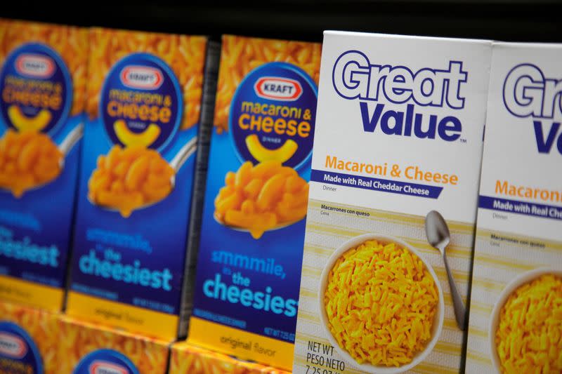 FILE PHOTO: Walmart private-label store brand Great Value's Macaroni and Cheese products are pictured next to Kraft's inside a new Walmart Express store in Chicago