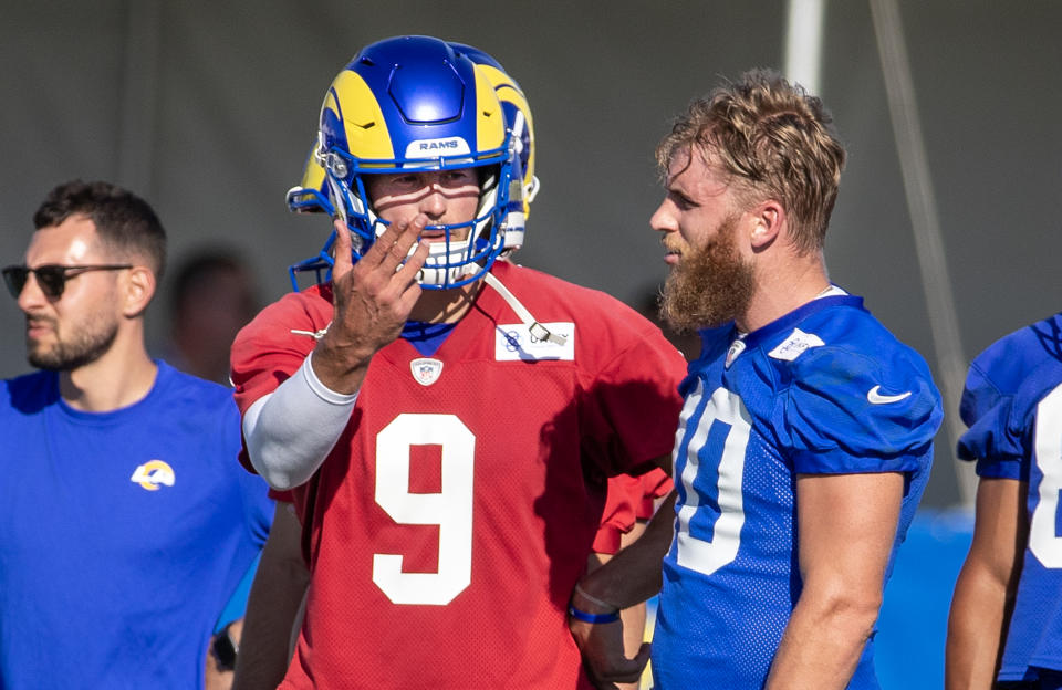 Irvine, CA - July 27:  Rams quarterback Matthew Stafford, #9, talks to wide receiver Cooper Kupp, #10 during Rams training camp at UCI in Irvine Thursday, July 27, 2023.  (Allen J. Schaben / Los Angeles Times via Getty Images)