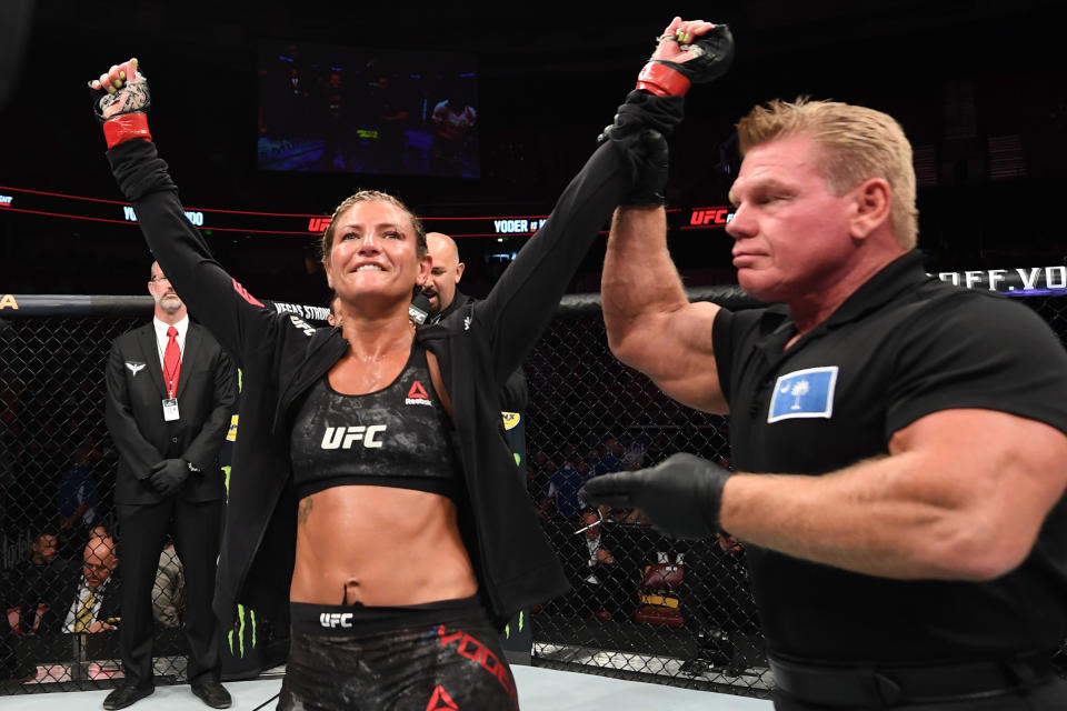 GREENVILLE, SC - JUNE 22:  Ashley Yoder celebrates her victory over Syuri Kondo of Japan in their women's strawweight bout during the UFC Fight Night event at Bon Secours Wellness Arena on June 22, 2019 in Greenville, South Carolina. (Photo by Josh Hedges/Zuffa LLC/Zuffa LLC via Getty Images)