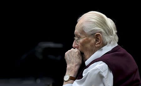 Defendant and former Nazi SS officer Oskar Groening, dubbed the "bookkeeper of Auschwitz", sits in the courtroom ahead of his trial in the 'Ritterakademie' venue in Lueneburg, Germany, July 1, 2015. REUTERS/Ronny Hartmann/Pool