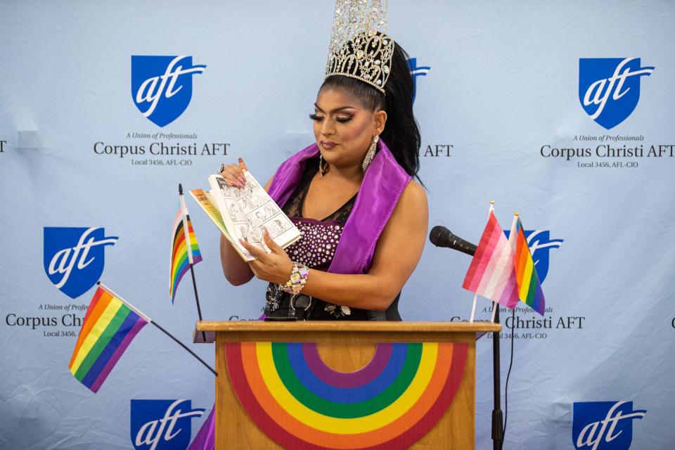 Kitana Sanchez reads a comic book during a press conference at the Corpus Christi American Federation of Teachers, or CCAFT, Union Hall for an event to celebrate the 53rd anniversary of Stonewall, on Monday, June 27, 2022. The Coastal Bend Trans Alliance and CCAFT will distribute 1,000 LGBTQIA+ books Monday and Tuesday. 