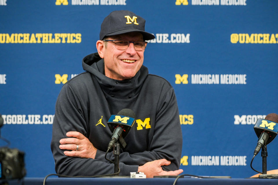 Jim Harbaugh causes Michigan a fair share of headaches, but he&#39;s also the reason the Wolverines have won the Big Ten, made the College Football Playoff and beaten Ohio State in back-to-back seasons.  (Photo by Aaron J. Thornton/Getty Images)