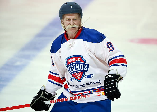 Lanny McDonald of the World Legends Hockey League team in action in an ice hockey gala match against Russia at VTB Ice Palace in Moscow, Russia, May 20, 2016. Sergei Fadeichev/TASS (Photo by Sergei FadeichevTASS via Getty Images)