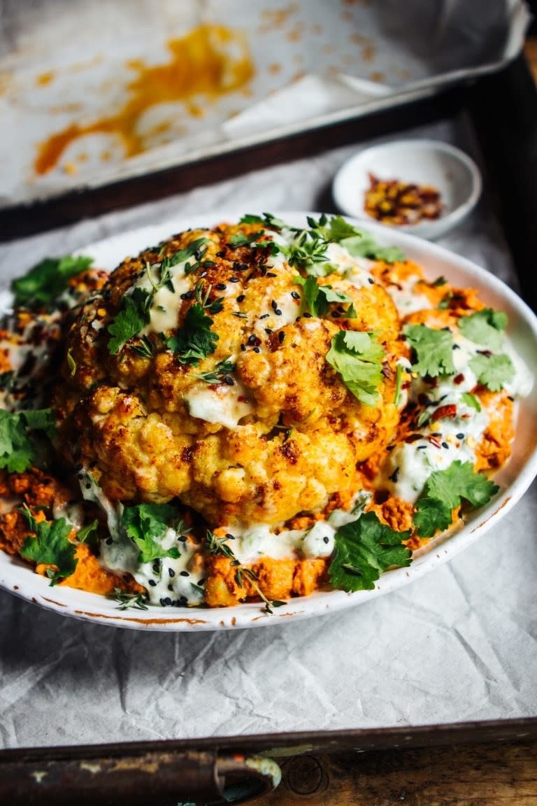 Whole Roast Cauliflower With Tomato Sauce and Chickpeas and Mint