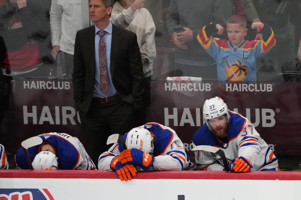 Jun 24, 2024; Sunrise, Florida, USA; Edmonton Oilers react to the loss against the Florida Panthers in game seven of the 2024 Stanley Cup Final at Amerant Bank Arena. Mandatory Credit: Jim Rassol-USA TODAY Sports