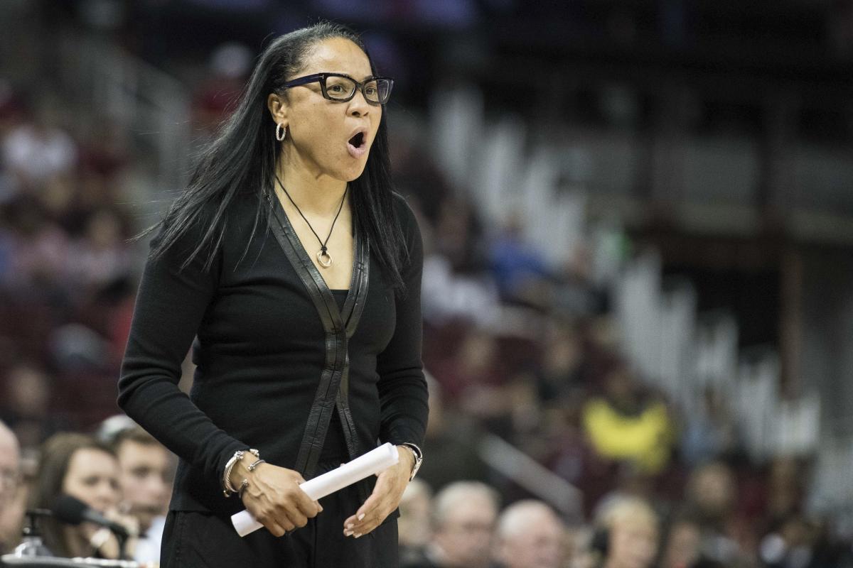 South Carolina head coach Dawn Staley reacts to a play during the first  half of an NCAA college basketball game against Missouri Sunday, Jan. 15,  2023, in Columbia, S.C. South Carolina won