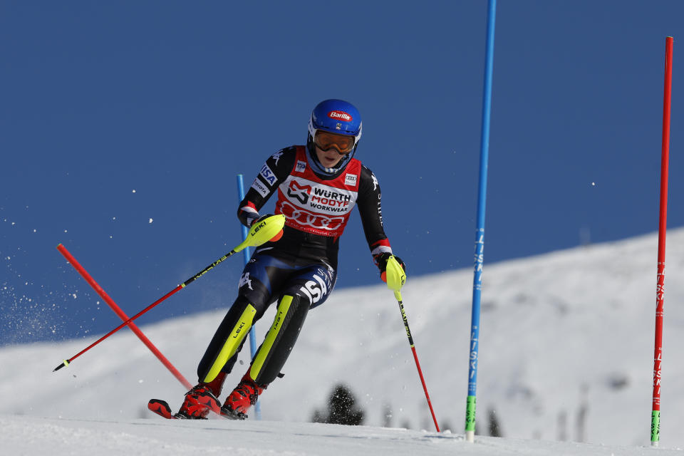 United States' Mikaela Shiffrin speeds down the course during an alpine ski, women's World Cup slalom, in Are, Sweden, Sunday, March 10, 2024. (AP Photo/Alessandro Trovati)