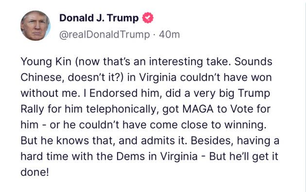 Donald Trump attempts to cast aspersions on Virginia governor Glenn Youngkin by suggesting his name 