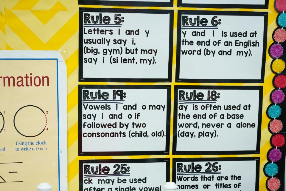 Rules to teach reading with phonics are posted in a kindergarten classroom at Alhambra Traditional School on August 28, 2023, in Phoenix.