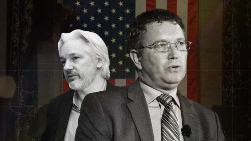 Julian Assange on the left and Rep. Thomas Massie on the right against a dark American flag background