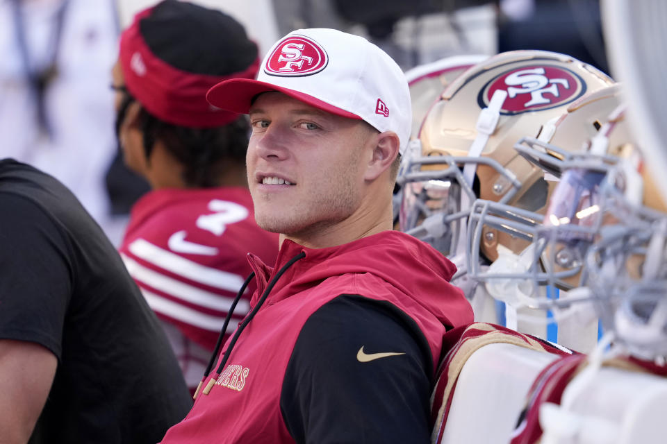 FILE - San Francisco 49ers running back Christian McCaffrey before an NFL preseason game against the New Orleans Saints in Santa Clara, Calif., Aug. 18, 2024. (AP Photo/Godofredo A. Vásquez, File)