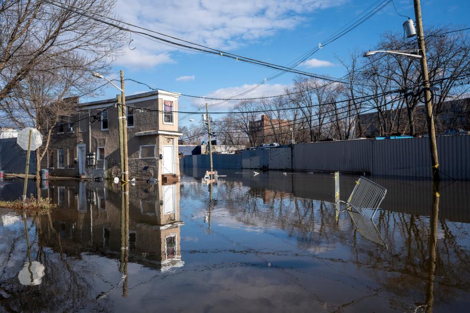 Jan 11, 2024; Paterson, NJ, USA; A flooded portion of Presidential Blvd. is shown from Jefferson Street in Paterson, N.J. on Thursday. The rising Passaic River is expected to crest Thursday night.