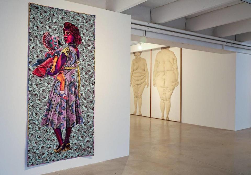 Pieces by artists Bisa Butler, titled “Mobile Madonna” (left) and Tania Candiani, titled “Lipo Front and Back - da série Gordas” (right), part of the coming exhibit To Weave the Sky: Textile Abstractions from the Jorge M. Pérez Collection at EL Espacio 23 Space in Miami.