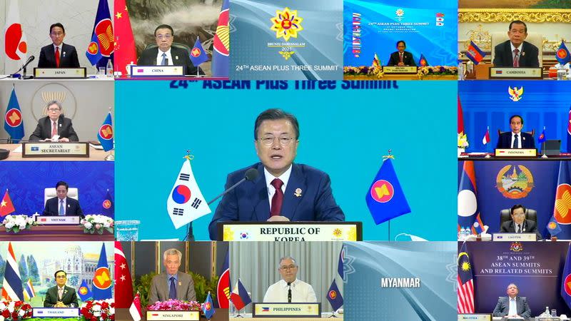 South Korea's President Moon Jae-in speaks during the virtual ASEAN Plus Three Summit, hosted by ASEAN Summit Brunei, in Bandar Seri Begawan