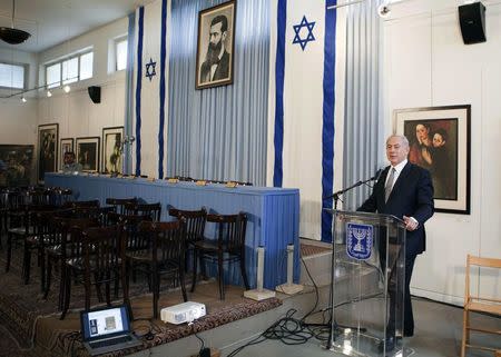 Israel's Prime Minister Benjamin Netanyahu delivers a statement, on his intent to enact a law to define Israel as a Jewish nation state, at Independence Hall in Tel Aviv, where Israel's declaration of independence was first read by its first Prime Minister David Ben-Gurion, in this May 1, 2014 file photo. REUTERS/Dan Balilty/Pool/Files