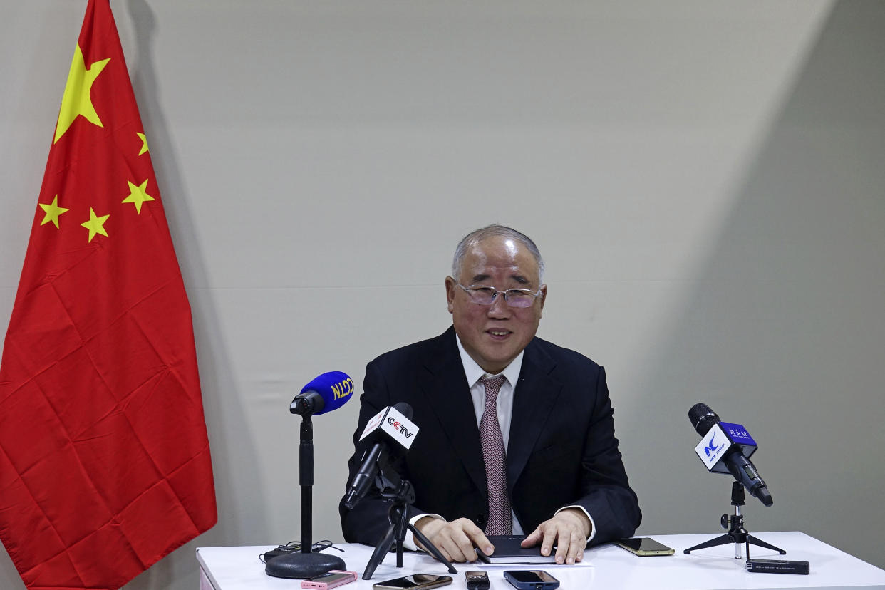 Xie Zhenhua, China's special envoy for climate, meets with members of the media at the COP27 U.N. Climate Summit, Saturday, Nov. 19, 2022, in Sharm el-Sheikh, Egypt. (AP Photo/Olivia Zhang)