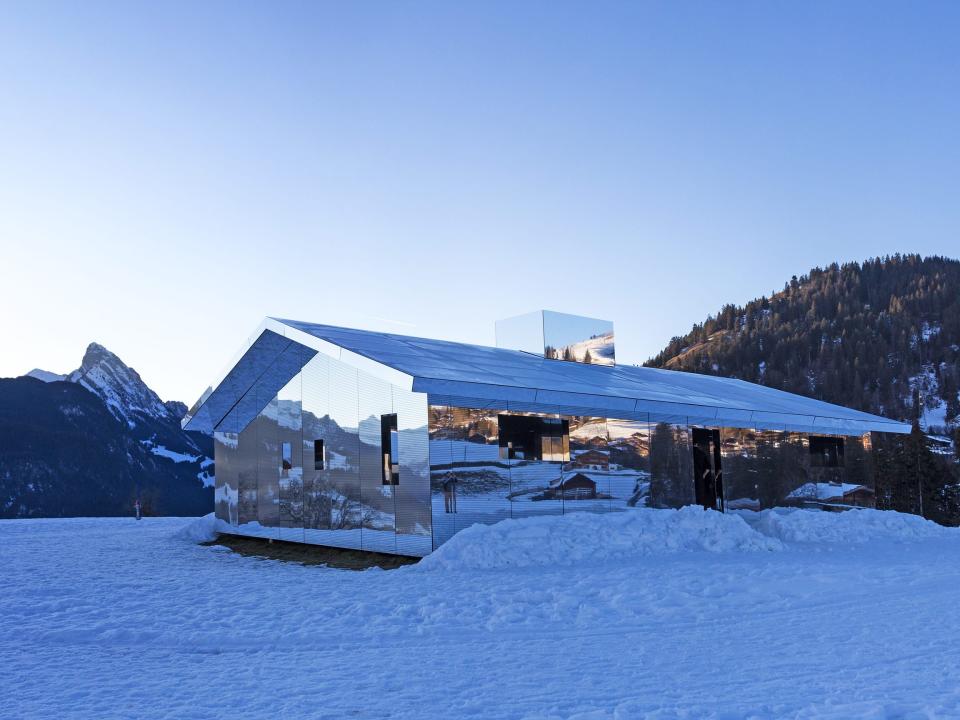 Mirage Gstaad by Doug Aitken sits in the snow in the Alps.