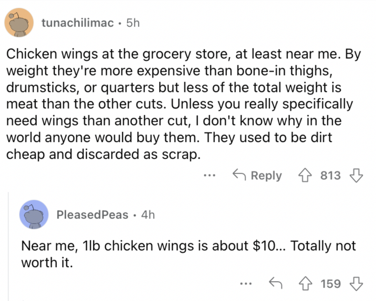 Reddit screenshot about how chicken wings are getting more and more expensive.