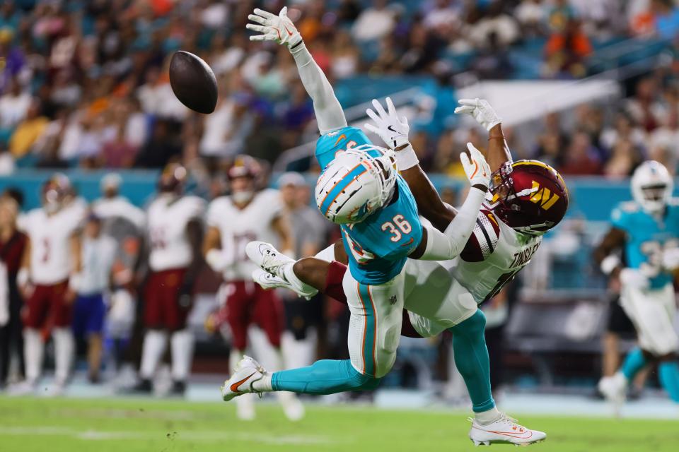 Aug 17, 2024; Miami Gardens, Florida, USA; Miami Dolphins cornerback Storm Duck (36) breaks a pass intended to Washington Commanders wide receiver Mitchell Tinsley (18) during the third quarter of a preseason game at Hard Rock Stadium. Mandatory Credit: Sam Navarro-USA TODAY Sports