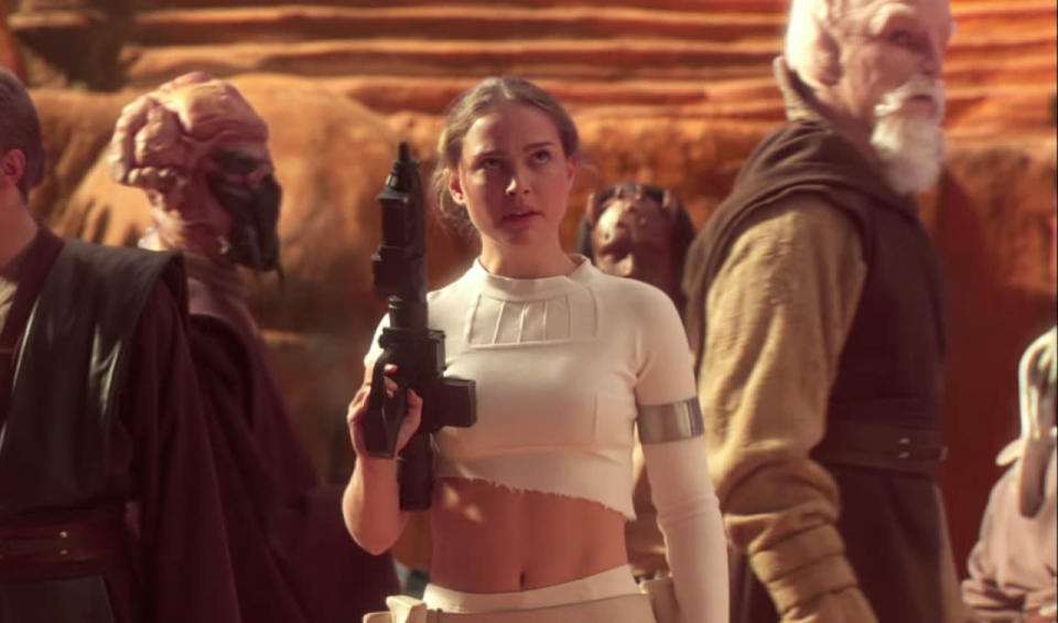 <p>It’s one of the most cynical moments in the whole prequel trilogy – and that’s saying something from a franchise basically created to flog soft toys. While Padme and the Jedi are captured by Dooku and forced to fight giant beasts in a Colosseum-type environment, one of the creatures slashes Portman’s shirt half-off, leaving her a nice bare midriff. For the freedom fighter who wants to look sexy while she liberates.</p>