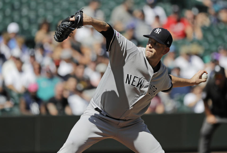 New York Yankees starting pitcher James Paxton throws against the Seattle Mariners during the first inning of a baseball game, Wednesday, Aug. 28, 2019, in Seattle. (AP Photo/Ted S. Warren)