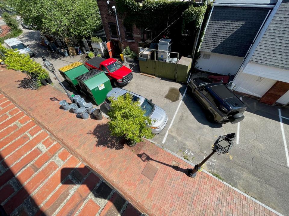 The view looking down from Portsmouth's High-Hanover parking garage is seen Monday, Aug. 28, 2023, where a 28-year-old Rochester man fell to his death two days earlier.