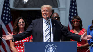 FILE PHOTO: Former U.S. President Donald Trump speaks to media at his golf club in Bedminster, New Jersey, U.S., July 7, 2021.  REUTERS/Eduardo Munoz/File Photo