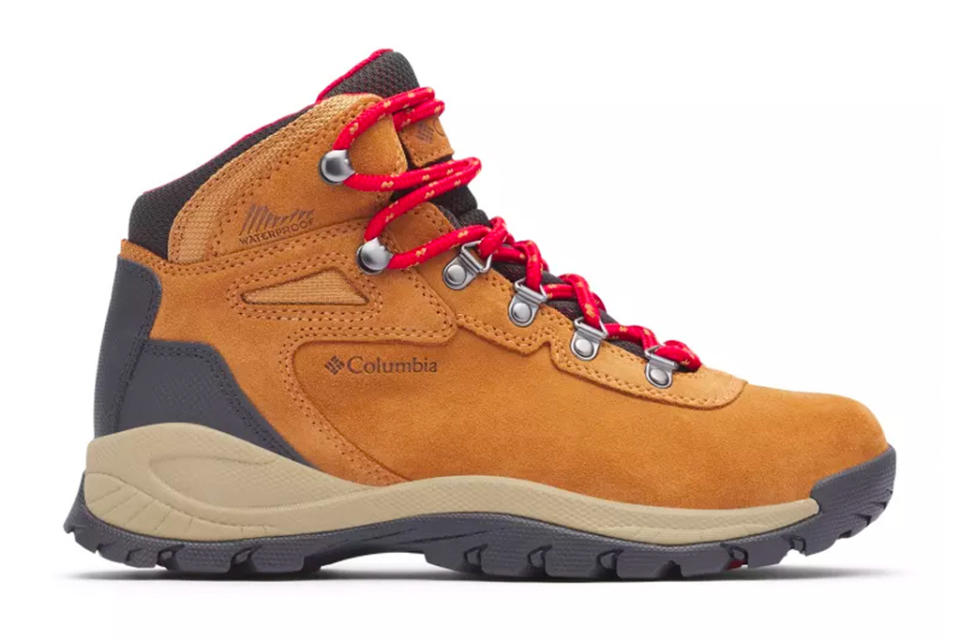 hiking boots, tan, leather, red laces, columbia