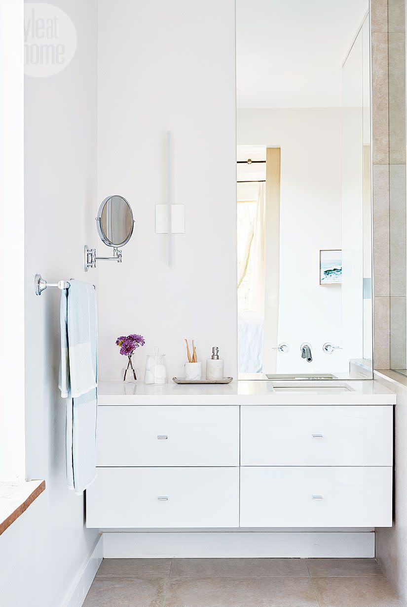 <p>You know the drill-all white everything tricks you into thinking the space is larger than it is. Put this in use in your powder room with white walls and a white vanity. </p><p>See more at <a rel="nofollow noopener" href="http://www.larkandlinen.com/project-impressed.html" target="_blank" data-ylk="slk:Lark & Linen;elm:context_link;itc:0;sec:content-canvas" class="link ">Lark & Linen</a>.</p>