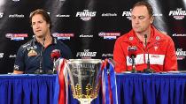 Bulldogs coach Luke Beveridge and Swans coach John Longmire speak to the media before the real excitement gets underway. Pic: Getty
