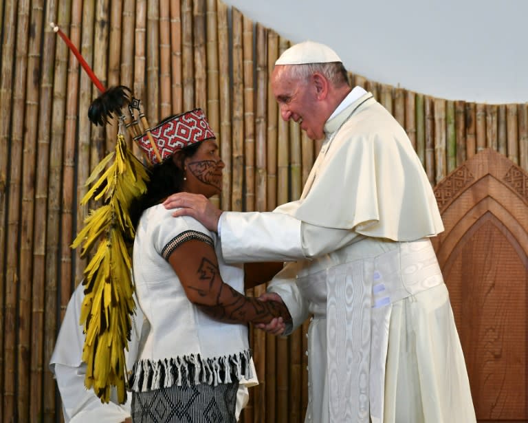 Pope Francis shakes hands with an indigenous woman during a meeting with Amazon basin community members from Peru, Brazil and Bolivia, in the Peruvian city of Puerto Maldonado