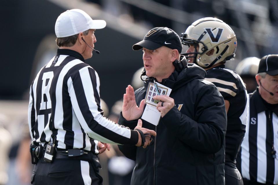 Vanderbilt head coach Clark Lea talks with a referee during the third quarter of the game against Florida at FirstBank Stadium Saturday, Nov. 19, 2022, in Nashville, Tenn. 