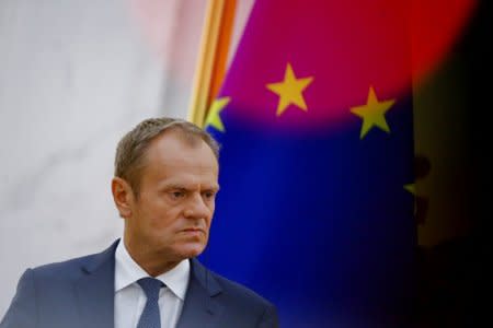 FILE PHOTO: European Council President Donald Tusk attends a news conference at the Great Hall of the People in Beijing, China, July 16, 2018.  REUTERS/Thomas Peter