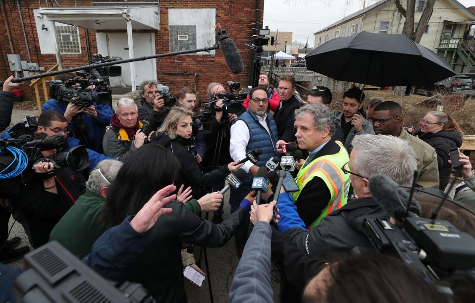 U.S. Sen. Sherrod Brown speaks to the media about the Norfolk Southern train derailment Thursday in East Palestine, Ohio.