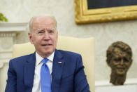 President Joe Biden speaks during his meeting with Afghan President Ashraf Ghani and Chairman of the High Council for National Reconciliation Abdullah Abdullah, in the Oval Office of the White House in Washington, Friday, June 25, 2021. (AP Photo/Susan Walsh)