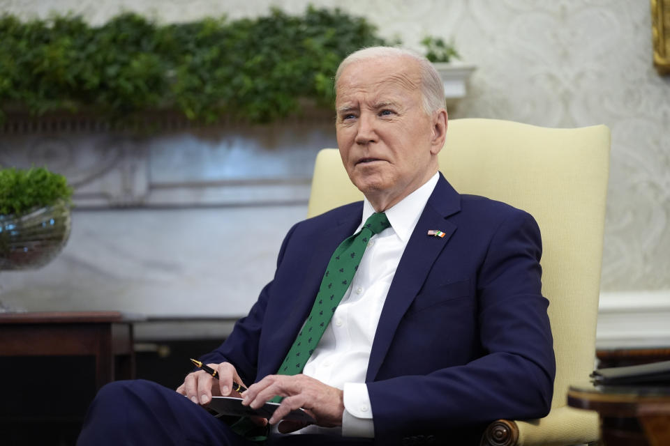 President Joe Biden meets with Irish Prime Minister Leo Varadkar in the Oval Office of the White House, Friday, March 15, 2024 in Washington. (AP Photo/Evan Vucci)