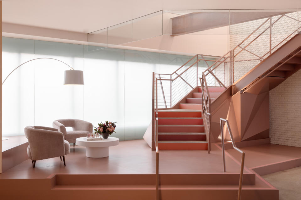 The Rare Beauty office staircase, complete with Soft Pinch Blush-inspired step shades.