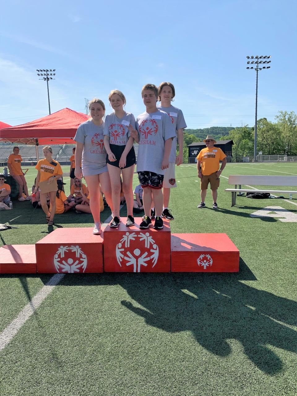 Gresham Middle School’s Unified Special Olympics team from 2022 won gold in relay. From left: Bella Marlow (peer), Avery Watson (athlete), Elijah Nuchols (athlete), Dean McKitrick (peer).