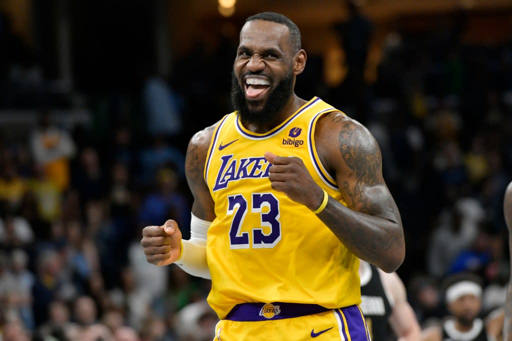 Los Angeles Lakers forward LeBron James (23) looks toward the Memphis Grizzlies’ bench during the second half of an NBA basketball game Friday, April 12, 2024, in Memphis, Tenn. (AP Photo/Brandon Dill)