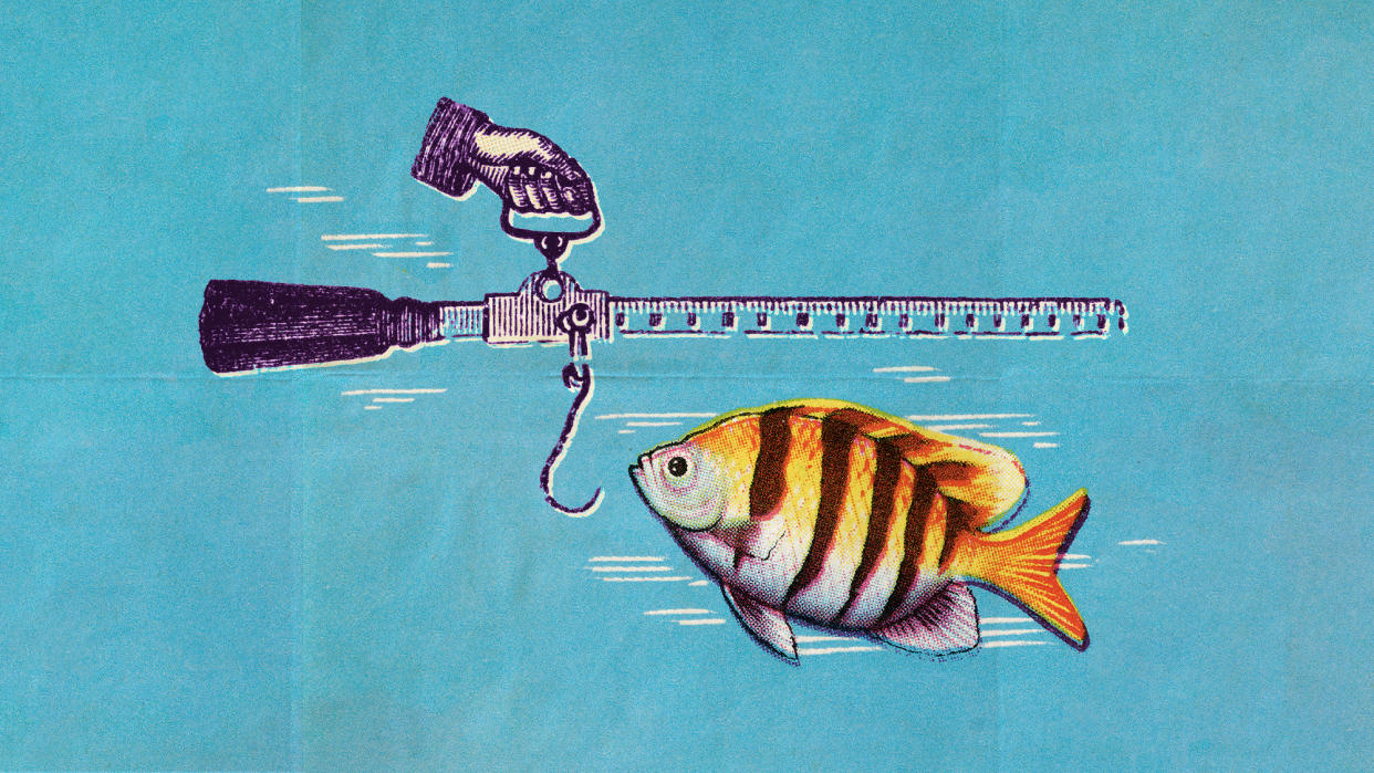  Collage of a vintage fish illustration swimming up towards a weighing device with a hook that looks like a fishing hook. 