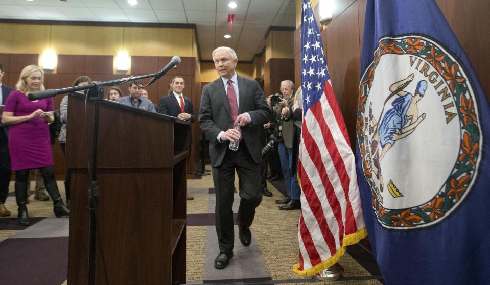 Attorney General Jeff Sessions walks to a podium for a news conference after a speech before law enforcement officers in Richmond, Va., Wednesday, March 15, 2017. (AP Photo/Steve Helber)