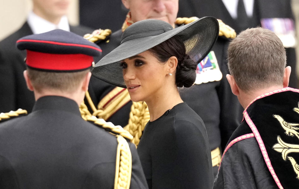 <p>The Duchess of Sussex arrives at Westminster Abbey ahead of the Queen's state funeral. (PA)</p> 