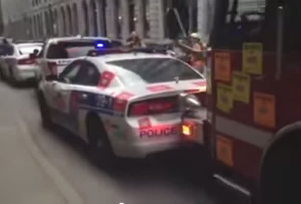 Fire engine rams police cars